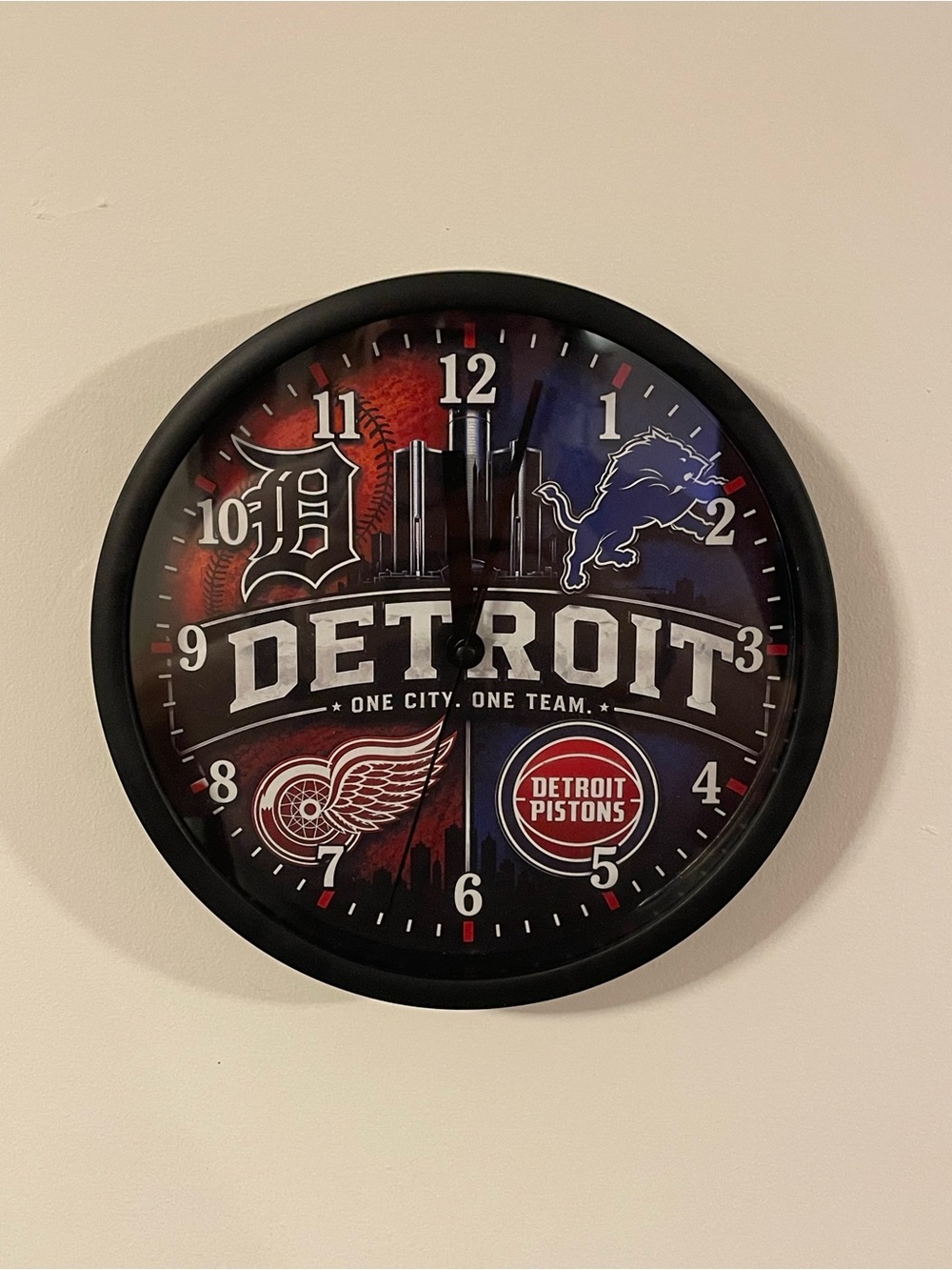 Detroit Multi-Team Fan Wall Clock - Black Frame, Red & Blue Face